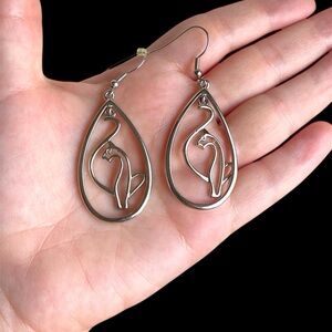 Baby Phat Silver Tone Cat Logo Drop Dangling Oval Earrings